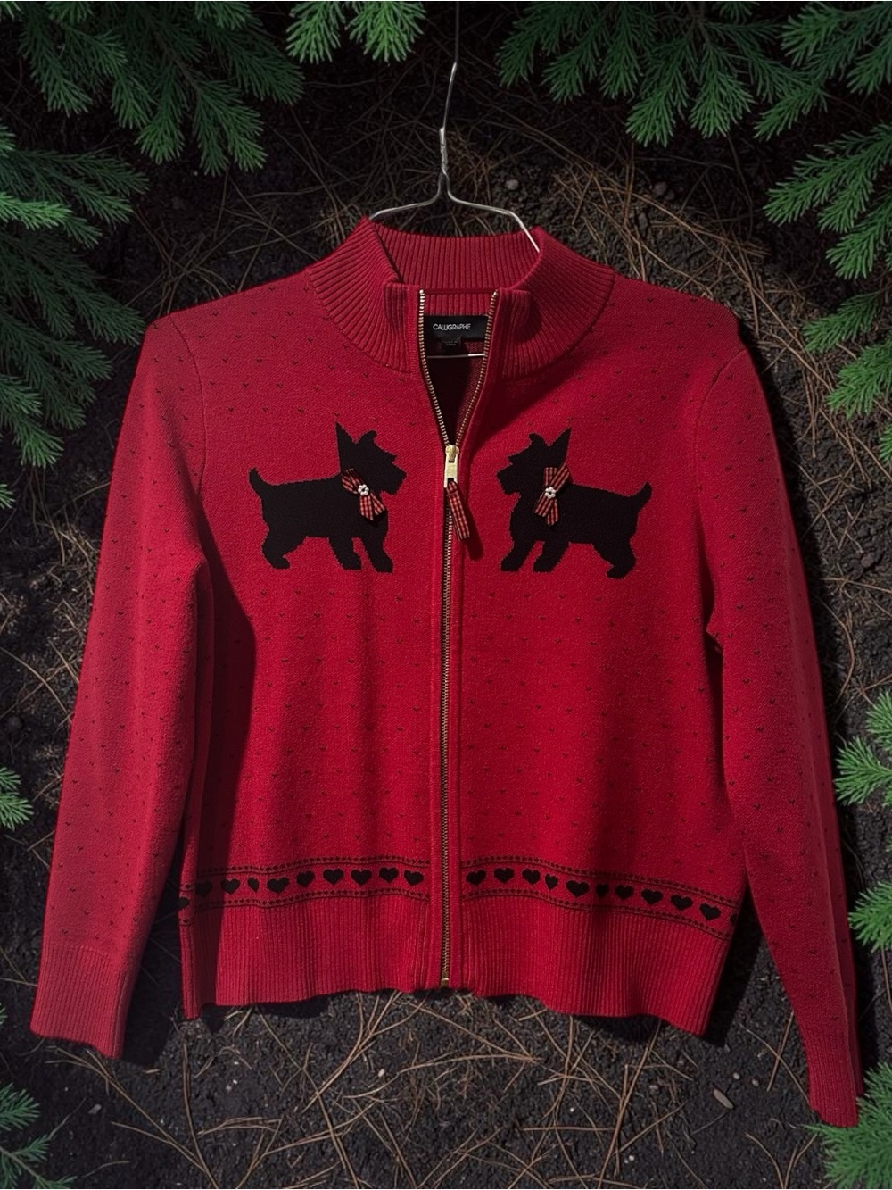 Calligraphic Red Scottie Dog Zip Cardigan Like New